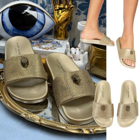🆕 KURT GEIGER LONDON 🧿 NWOB Meena Eagle Gold Crystal Studded Slide, Sz US 7.5 - Picture 1 of 12